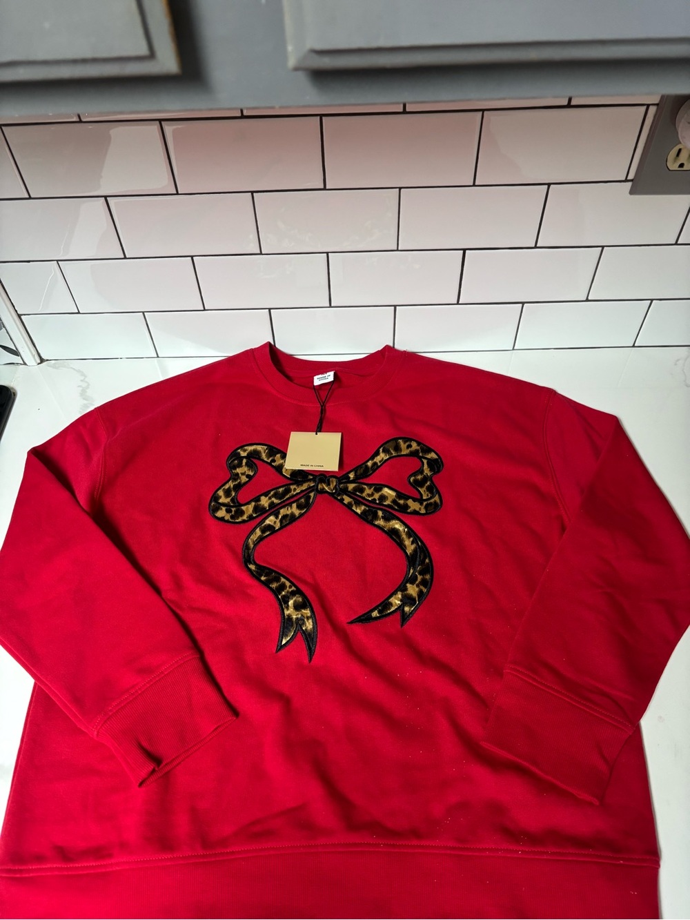 Amazon Red Sweatshirt with Leopard Bow Graphic MEDIUM